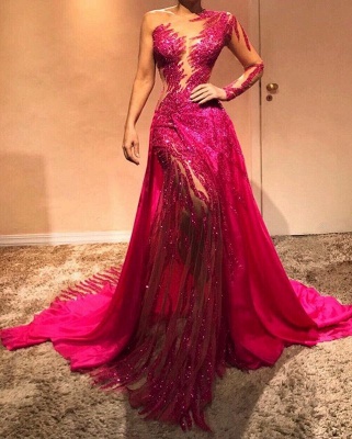 Beautiful One Shoulder Sequins Fuchsia Evening Dresses with Sleeves | Sexy Mermaid Affordable Prom Dresses BC0504_2