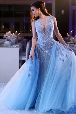 Popular Sky Blue Lace Prom Dresses Online | Sleeveless  Overskirt Tulle Evening Dresses_1