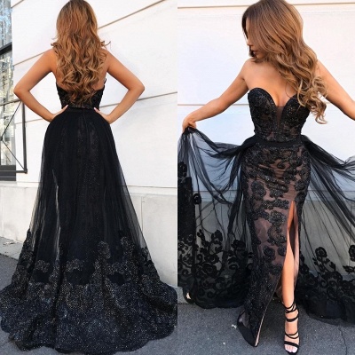 Elegant Black Sweetheart Prom Dresses Online | Shining Beaded Side Slit Overskirt Evening Dress_3