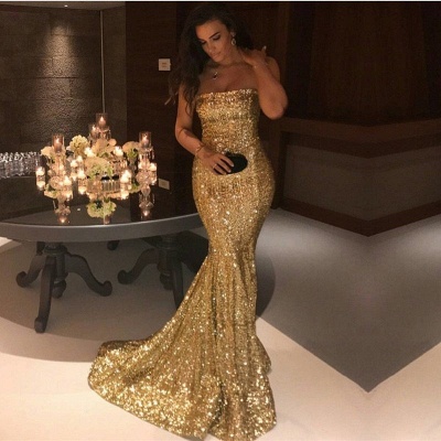 Sparkle Gold Sequins Mermaid Evening Gowns Sexy Strapless Prom Dresses FB0164_6