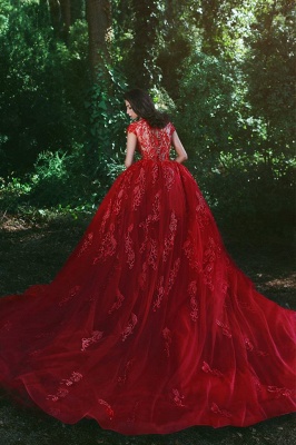 Elegante Red V-Neck Barato OverSkirt Lace Applique Prom Dresses_5