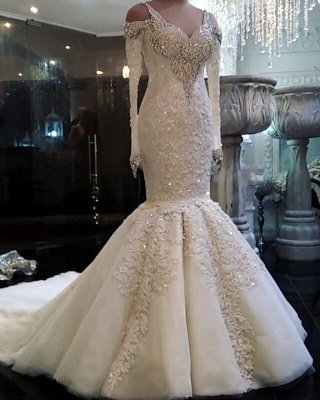 Sirena elegante mangas largas vestidos de novia | 2021 vestidos de novia de encaje de cristal en línea_1