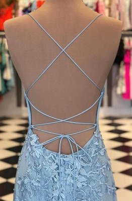 Elegant Sky Blue Spaghetti Strap Lace Applique Simple Long Prom Dress_3