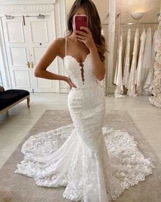 Delicate Double V-Neck Spaghetti Lace Appliques Mermaid Wedding Dresses_2