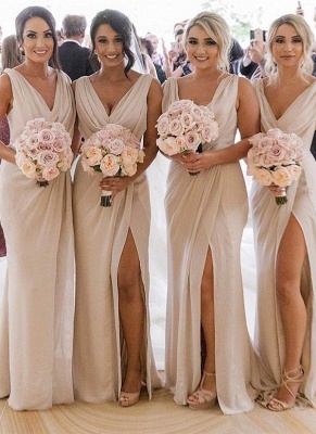 Simple Chiffon Long Bridesmaid Dresses | V-Neck Sleeveless Side-Slit Prom Dresses_3