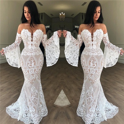 Off The Shoulder Lace Evening Dress Sexy | Strapless Bell Sleeves Prom Dresses Online_3