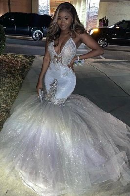 Spaghetti Straps Silver Sparkling Sequins Prom Dress | Beads Appliques Mermaid Sexy Prom Dress Online_1