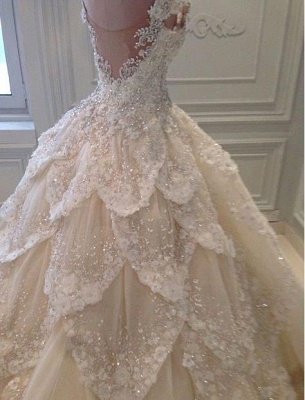 Luxurious Off the Shoulder Beading Wedding Dress Crystal Tiered Chapel Train Bridal Gowns_1