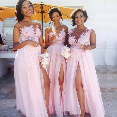 الوردي الرباط الشيفون مثير فساتين العروسة انشقاقات فستان طويل لخادمة الشرف على الانترنت BA6919_3