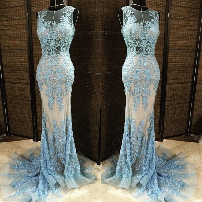 Coluna lindo Sleleveless vestidos de noite longos | Apliques de renda Beading Sexy Prom Dress com Overskirt_4
