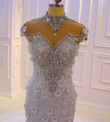 Delicate Sleeveless Beading Sheer Tulle Appliques Mermaid Sparkling Wedding Dresses_2