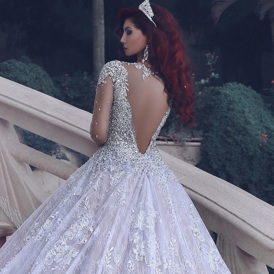 Vintage Luxury Muslim Crystal Beading Cathedral-Train Sheer Lace Wedding Dress_4