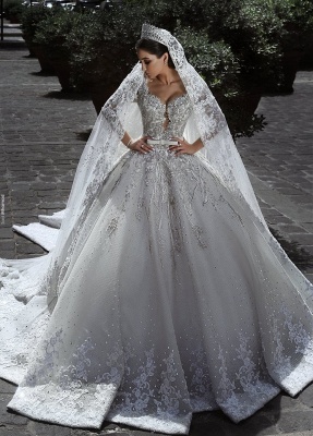 Glamorous manches longues Tulle Appliques Robes de mariée Crystal Robes de mariée avec arc BA7970_1