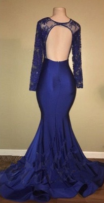 Sexy Open Back Royal Blue Real Model Prom Dresses | Lace Long Sleeve Mermaid Evening Gown BA7863_4