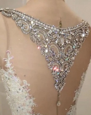Mangas casquillo en forma de diamante brillante y vestidos de novia acampanados en línea_4