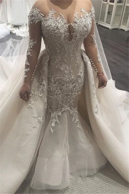Robes de mariée en dentelle sirène glamour 2021 | Robes de mariée sexy en tulle transparent avec boutons BC0535_1