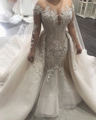Vestidos de noiva lindos sereia com overskirt de tule | Vestidos de Renda Sexy para Casamentos BC0535_3