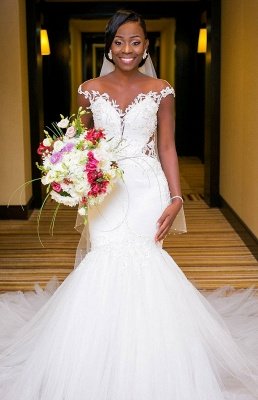 2021 Romantic White Mermaid Cap Sleeve Wedding Dress| New Arrival Tulle ...