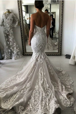 Impresionante vestido de novia de encaje de sirena de marfil en línea_2