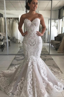 Impresionante vestido de novia de encaje de sirena de marfil en línea_1