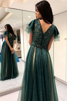 Dark Green Princess Short Sleeves Long Prom Dresses | V-Neck Lace Evening Dresses with Soft Pleats_3