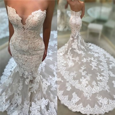 Backless Strapless Sexy Mermaid Wedding Dresses | Cathedral Train Lace Dresses for Weddings_3