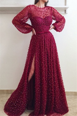 Illusion neck Scarlet Long Sleeves Side Slit Evening Dresses | Flare sleeves Princess Beaded Prom Dresses with Bow_1