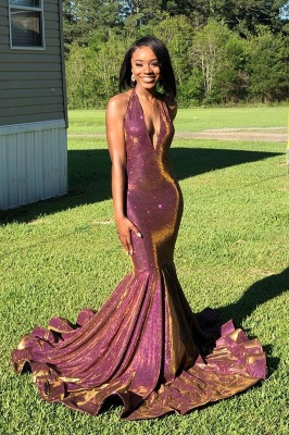 Halter Sexy V-neck Sparkle Prom Dresses | Fit and Flare Sleeveless Elegant Evening Gowns_1